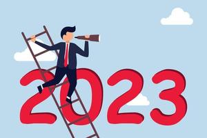 Year 2023 business outlook, vision to see the way  businessman leader using telescope to see vision on top of ladder above year 2023 number. vector