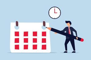 Schedule business appointment, and important date, smart businessman using pencil to mark important appointment date on calendar with alarm clock. vector
