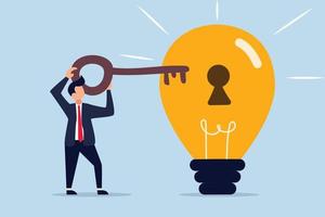 Unlock new business idea, smart businessman holding golden key about to insert into key hold on lightbulb idea lamp vector