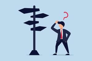 Business decision making, career path, work direction or choose the right way to success concept, confusing businessman looking at multiple road sign with question mark and thinking which way to go vector