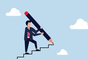 Business development is successful, smart businessman uses a large pencil to draw stairs going up and walking up stairs. vector