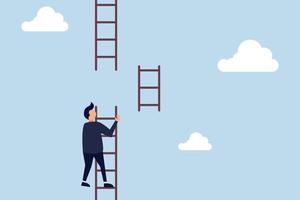 Helping hand, business support to reach career target or help to climb up ladder of success concept, businessman climbing up to top of broken ladder vector
