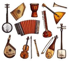 Ethnic musical instruments sketches set vector