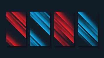 Set of cover abstract red and blue stripe diagonal lines light on dark black background. vector