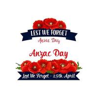 día de anzac para que no olvidemos cintas de vector de amapola roja