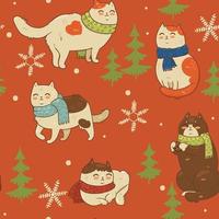 Seamless pattern with cats in scarves and snowflakes. Vector graphics.