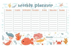 Weekly planner with mermaids and sea animals. Vector graphics.