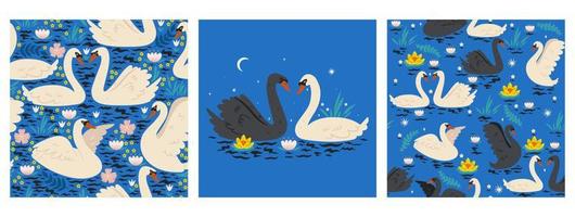 Set of seamless patterns with swans on a blue background. Vector graphics.