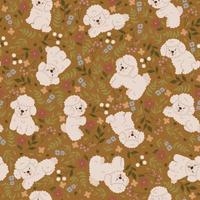 Seamless pattern with cute poodles and flowers. Vector graphics.