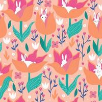 Seamless pattern with cute rabbits and tulips. Vector graphics.