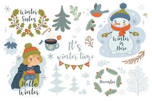 Collection of winter items isolate on white background. Vector graphics.