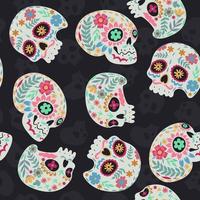 Seamless pattern of sugar skulls on a dark background. Vector graphics.