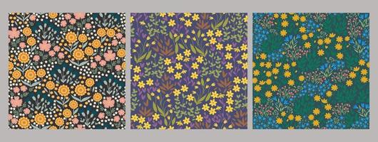 Set of seamless patterns with meadow flowers. Vector graphics.