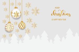 navidad dorada y año nuevo tipográfico sobre fondo blanco con paisaje invernal fondo horizontal de año nuevo, encabezados, carteles, tarjetas, sitio web.ilustración vectorial vector