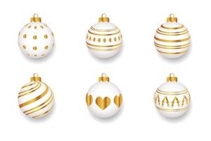 Gold Christmas ball with snow effect set. Xmas ball on white background. Holiday decoration template. Vector illustration