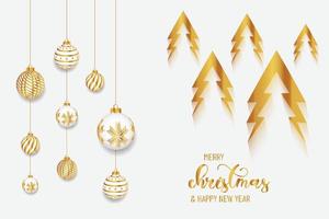 Gold Christmas and New Year Typographical on white background with winter landscape Horizontal new year background, headers, posters, cards, website.Vector illustration vector