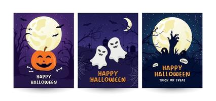 conjunto vectorial de invitaciones o tarjetas de felicitación para fiestas de Halloween, antecedentes con símbolos tradicionales como calabaza, fantasma, luna, zombi, arañas y telaraña vector