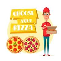 Pizza delivery man with open box cartoon icon