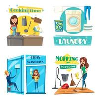 Vector house or room cleaning, cooking and laundry