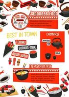 Japanese food, sushi and drink menu template vector