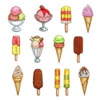 vector, bosquejo, iconos, conjunto, de, helado, postres vector