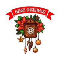 Merry Christmas greeting vector clock sketch icon