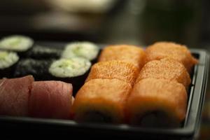 Sushi with salmon. Asian cuisine. Seafood from the restaurant. photo