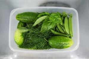 Green vegetable - basil, dill, sorrel, peas, cucumber - in the plastic food container on a shelf of a fridge. photo