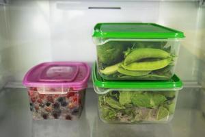 Two plastic food containers with green vegetable - salad, basil, dill, sorrel, peas, cucumber, pepper - and one with berries - currant, raspberry, gooseberry - on a shelf of a fridge photo