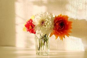 Glass vase with white, orange, red and yellow peonies on the white table in bright sunny light. photo