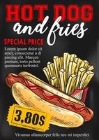 tarjeta de precio de vector de papas fritas de hot dog de comida rápida