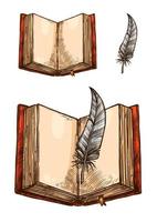 Open book with empty page and feather pen sketch vector