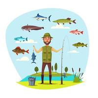 Fisher man with fish catch vector fishing