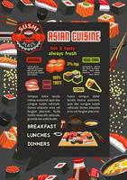 cartel de menú de restaurante y bar de sushi japonés vector