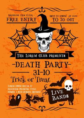 Halloween holiday poster with skull in witch hat