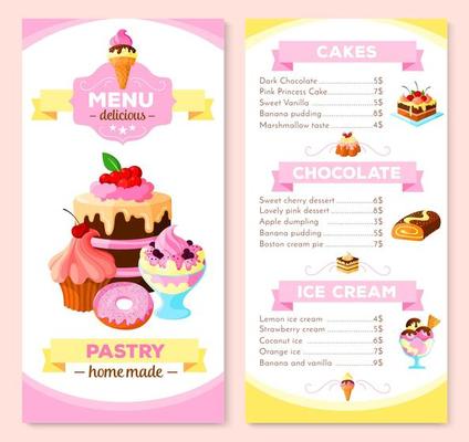 Vector menu template for homemade pastry cakes