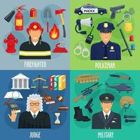 Policeman, firefighter, military, judge icon set vector