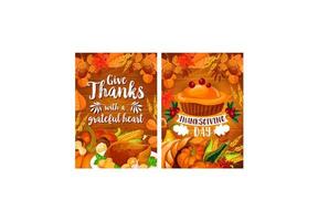 Thanksgiving dinner poster set with turkey and pie vector