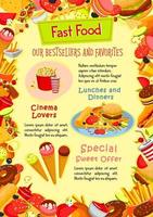 cartel de vector de comida rápida de bocadillos de comida rápida
