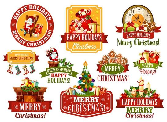 Merry Christmas wish vector greeting ribbon icons