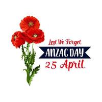 Anzac Day 25 April red poppy vector icon ribbon