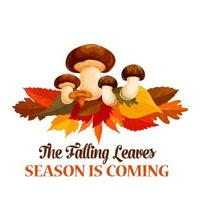 Autumn mushroom maple leaf vector greeting poster