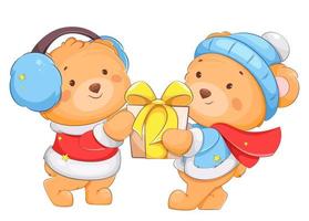 Two cute bears cartoon characters with gift box vector