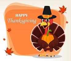 Thanksgiving greeting card with a turkey bird wearing a Pilgrim hat and holding pumpkin vector