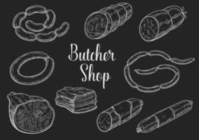 Butcher shop meat sausages sketch vector icons