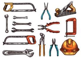 Hand tool, work instrument isolated sketches vector