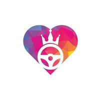 Drive king heart concept vector logo design. Steering and crown icon.