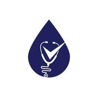 Compruebe la plantilla de diseño del logotipo de forma de gota de estetoscopio. icono de estetoscopio con forma de lista de verificación. chequeo médico plantilla de vector de diseño de logotipo