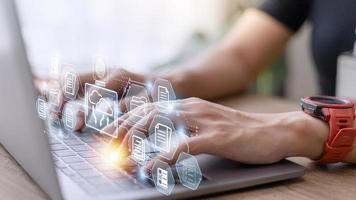Fingerprint scanning and biometric authentication. system for document management DMS. software that automates the archiving and management of data files. concept of Internet technology. photo