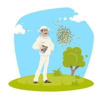 Beekeeping apiary and beekeeper vector design